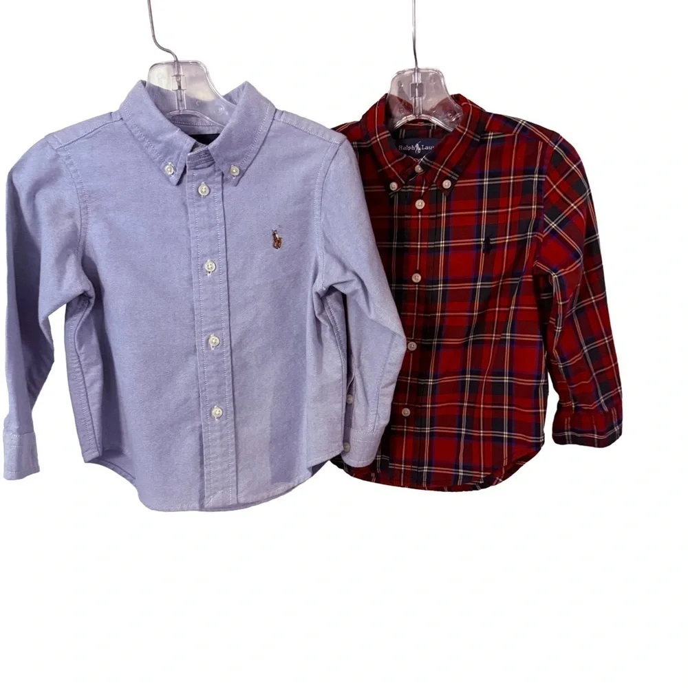Ralph Lauren Lot Of 2 Boys Button Down Shirts Blue Oxford & Red Plaid Sz 24 Mo.